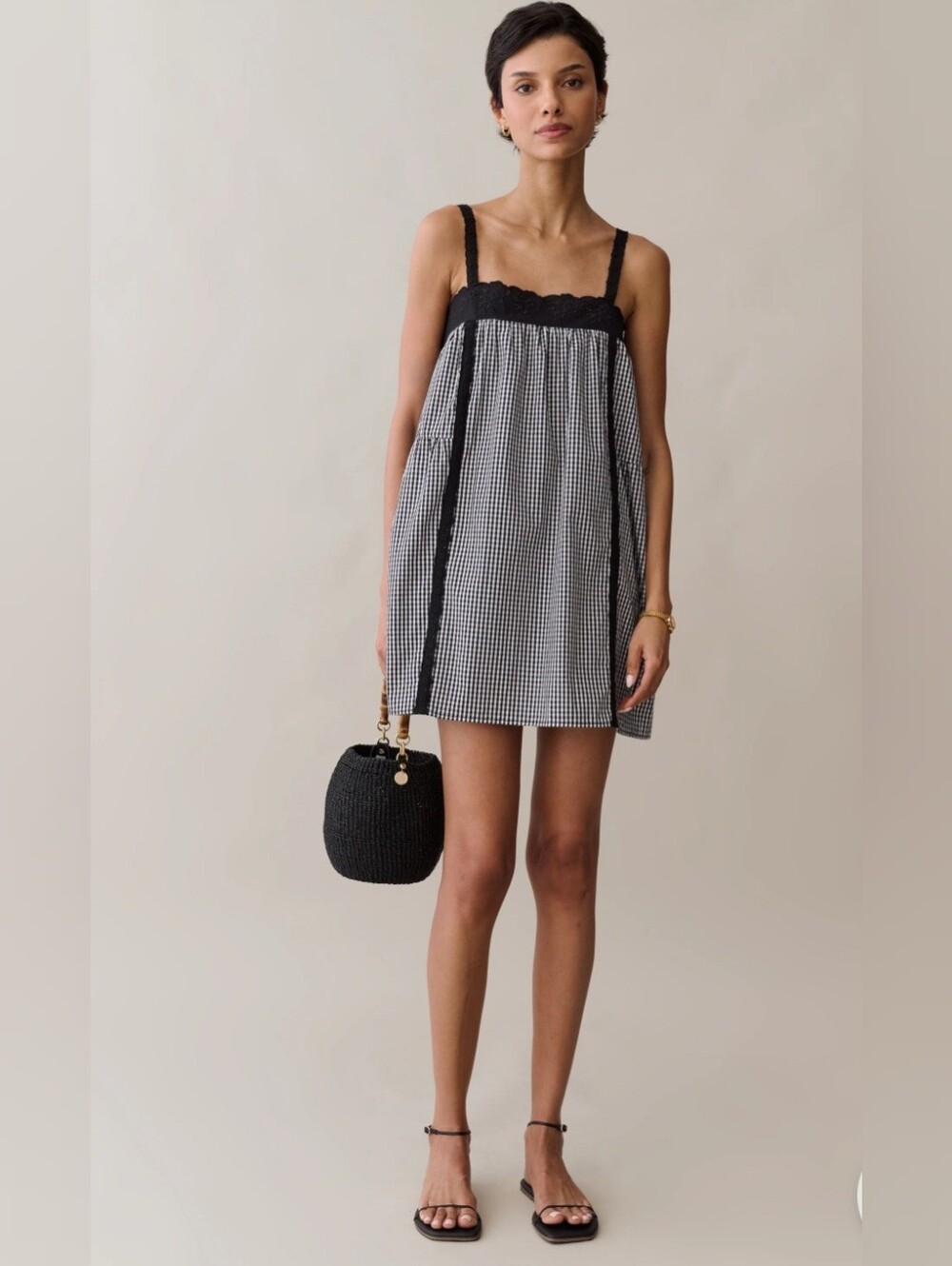 Kourt Florence Black & White Gingham Babydoll Mini Dress Retail $148